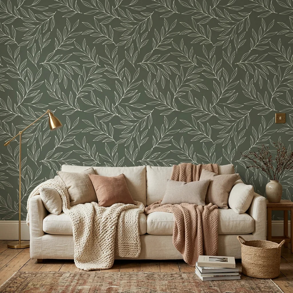 Sage green Forest Leaf wallpaper with cream botanical line drawings in cozy living room setting