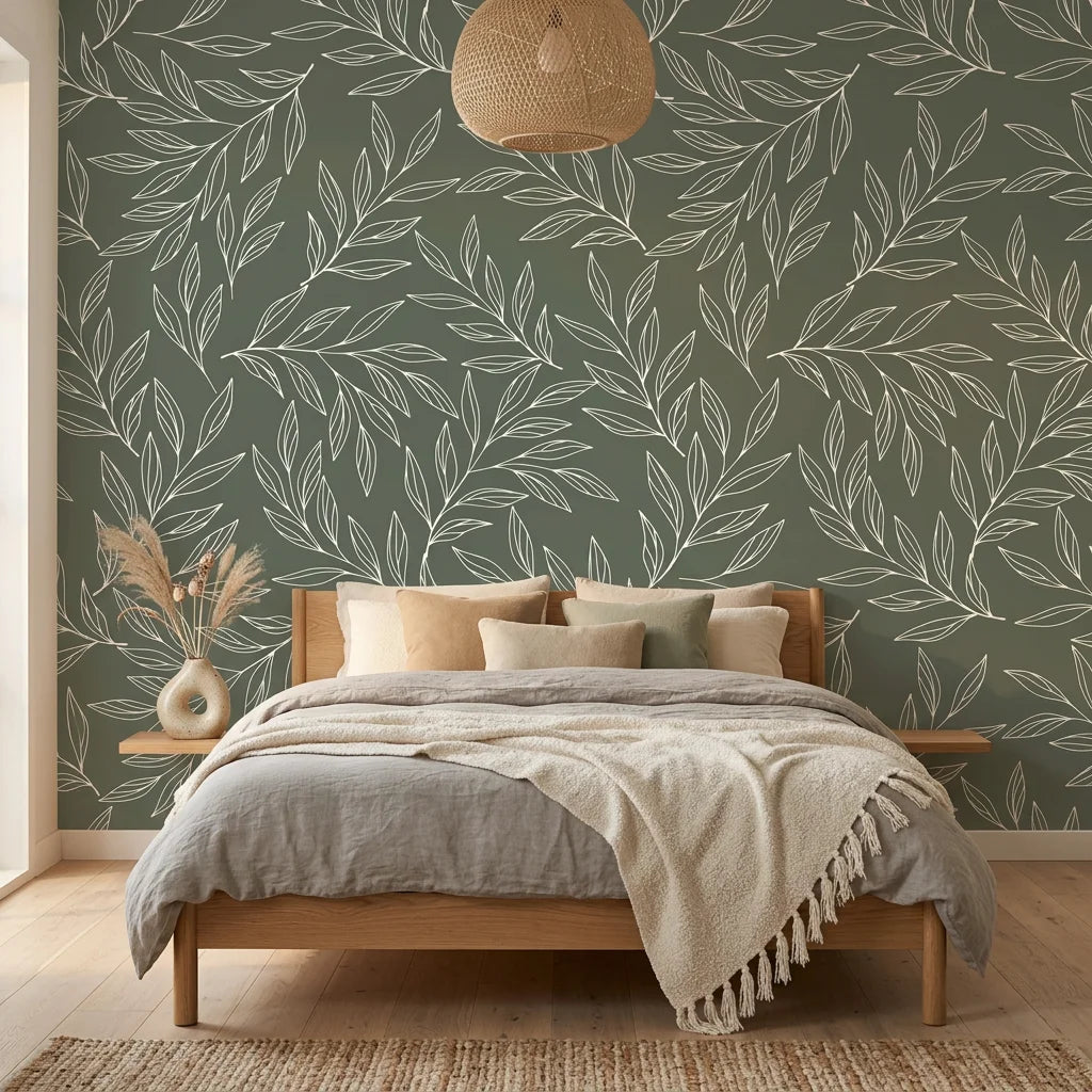 Sage green and cream Forest Leaf botanical wallpaper on bedroom accent wall with natural wood furnishings