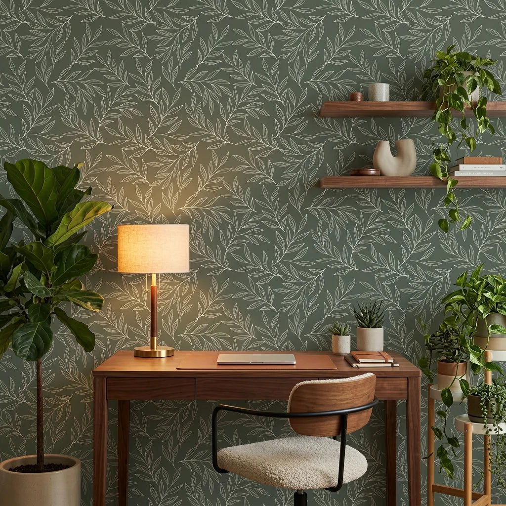 Forest Leaf removable wallpaper with sage green botanical pattern in modern home office setting