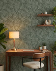 Forest Leaf removable wallpaper with sage green botanical pattern in modern home office setting