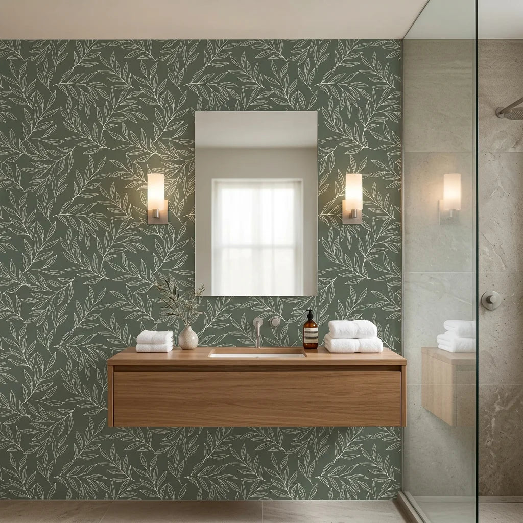 Sage green and cream Forest Leaf botanical wallpaper in modern bathroom with floating vanity