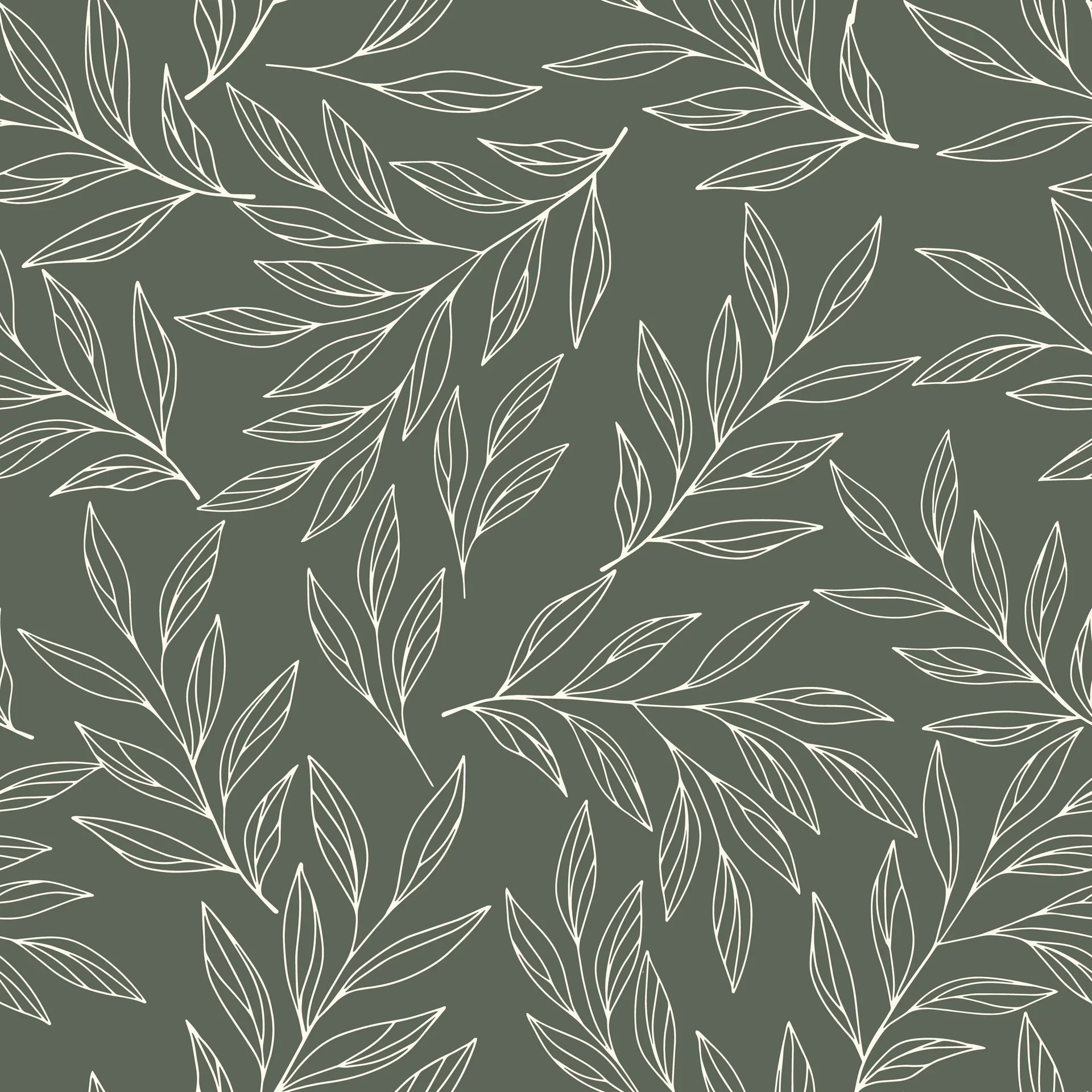 Modern Forest Leaf wallpaper with white botanical line drawings on sage green background