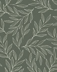 Modern Forest Leaf wallpaper with white botanical line drawings on sage green background