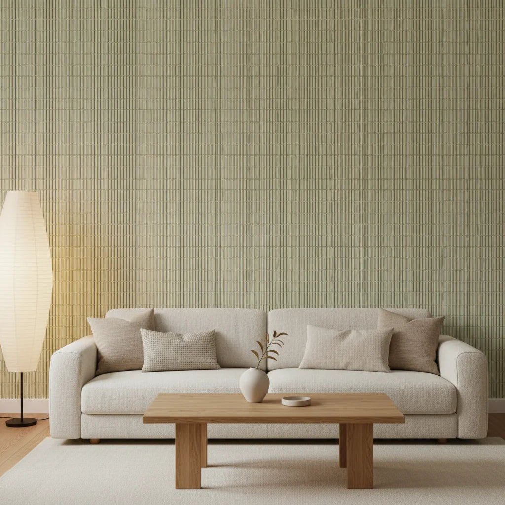 Forest Ledger sage green stripe wallpaper in a warm and inviting living room