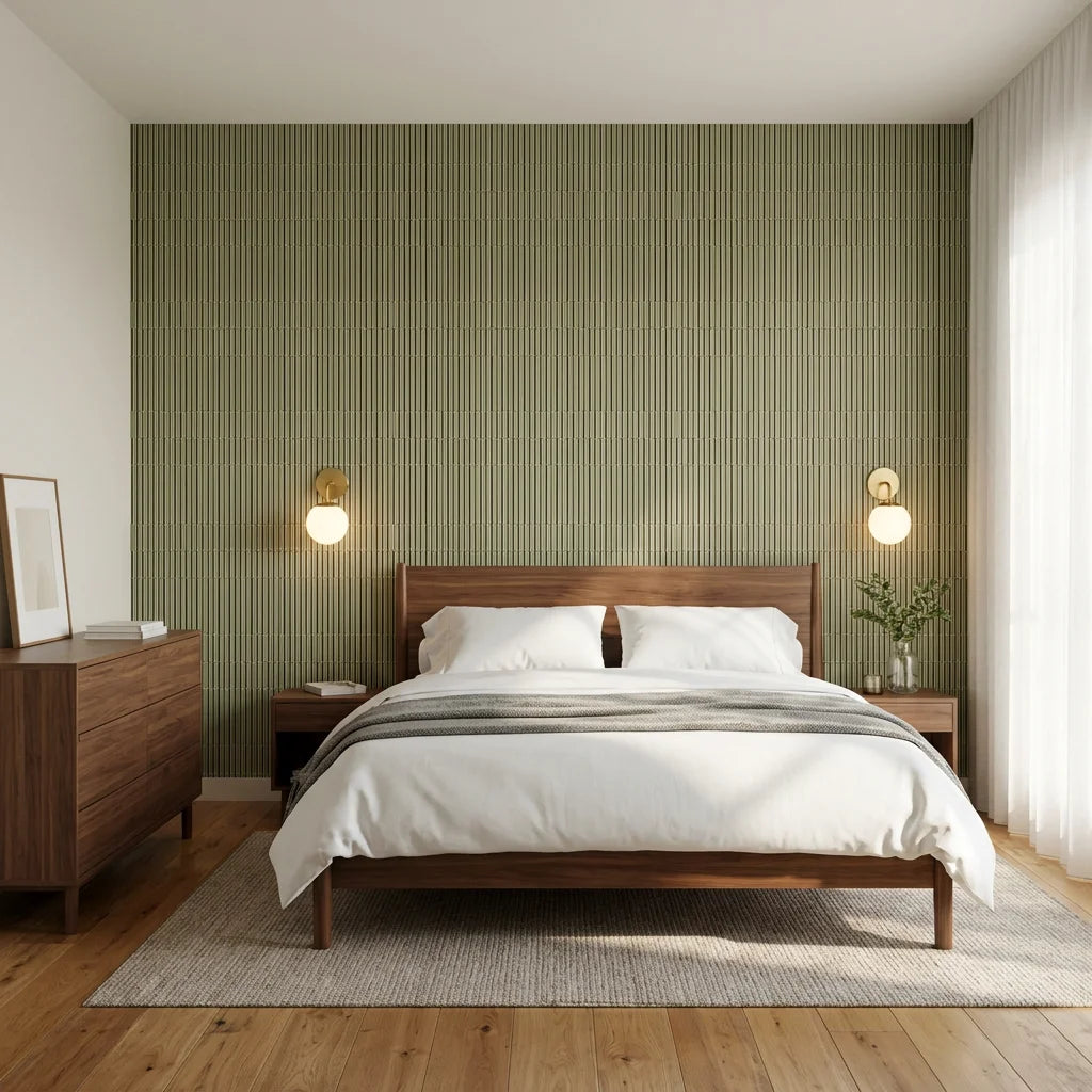 Forest Ledger sage green stripe wallpaper adding character to a cozy bedroom