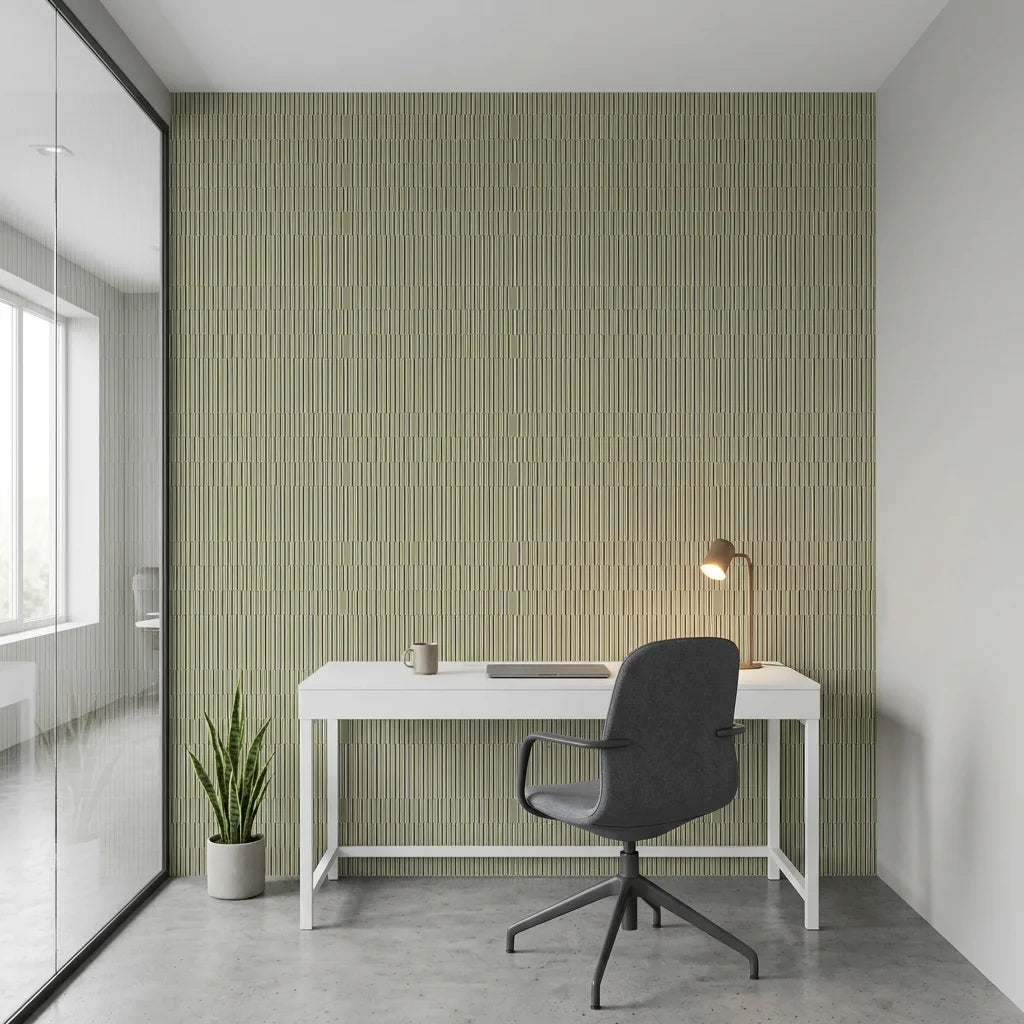 Forest Ledger sage green stripe wallpaper as a feature wall in a bright home office