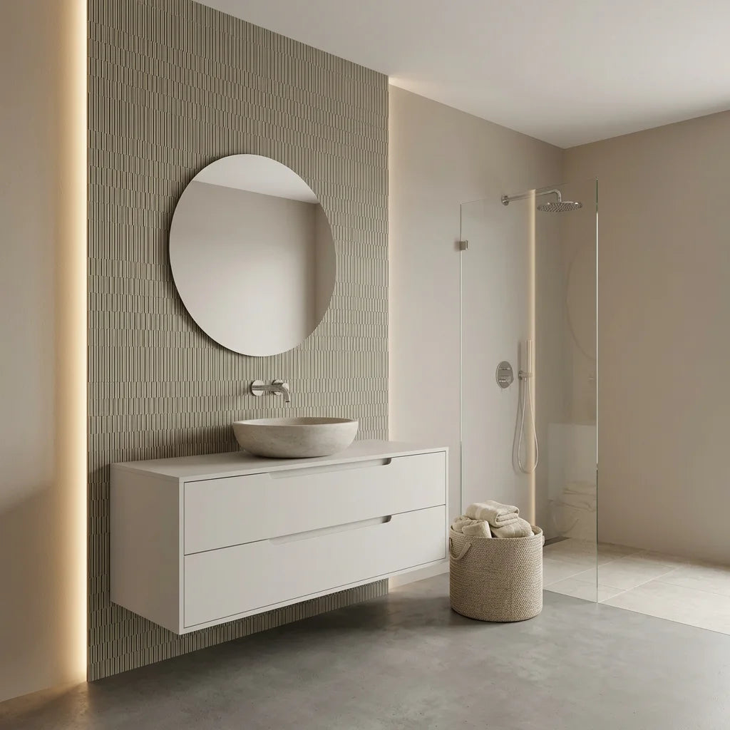 Forest Ledger sage green stripe wallpaper creating ambiance in a serene bathroom