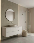 Forest Ledger sage green stripe wallpaper creating ambiance in a serene bathroom