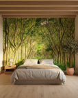 Tree-lined forest corridor with soft dappled light removable wallpaper