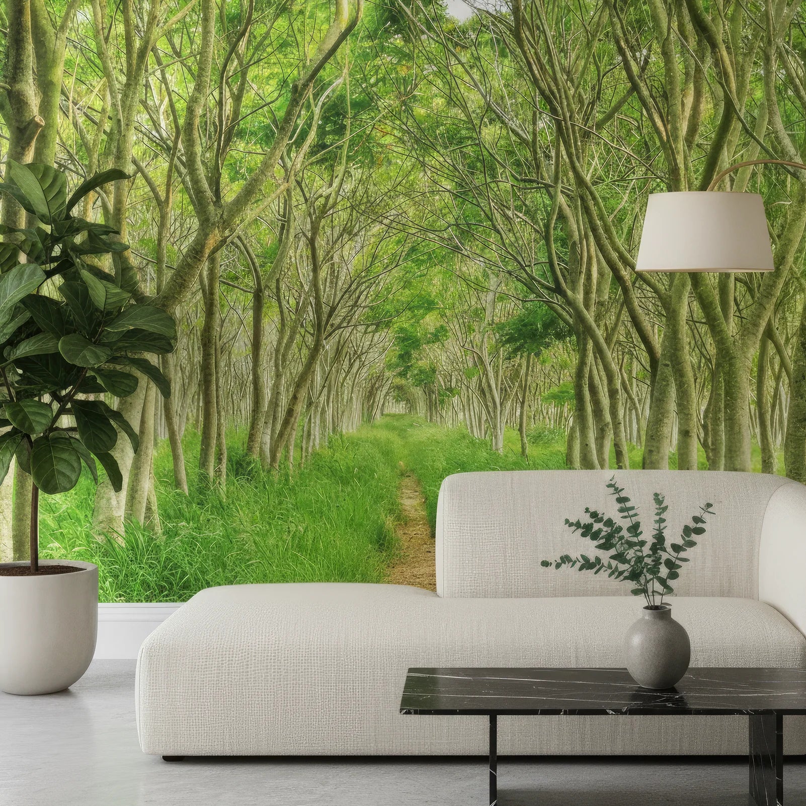 Peaceful forest pathway showing depth and natural perspective peel and stick