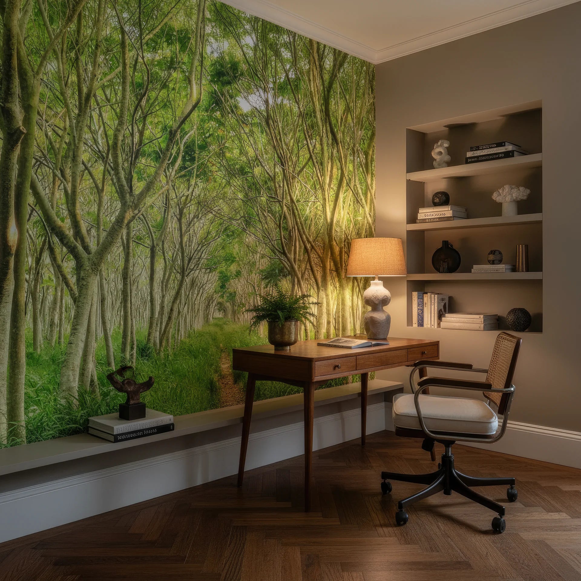Enchanted forest tunnel with atmospheric green tones removable wall mural