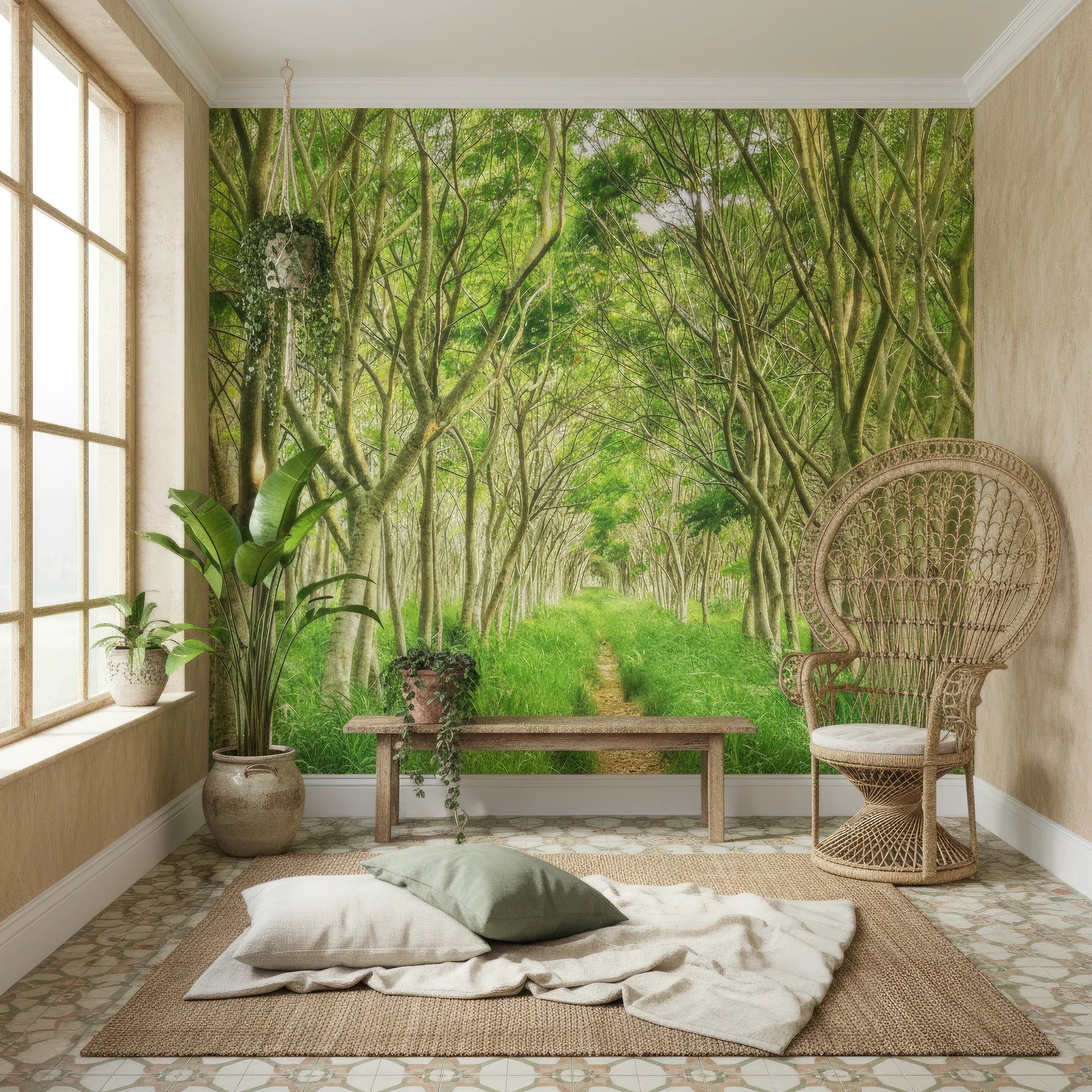 Forest passage looking down tree-lined avenue with soft illumination peel and stick wallpaper