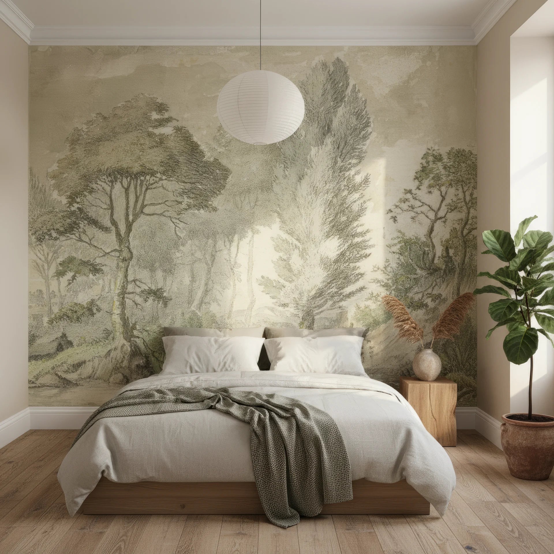 Forest Stream vintage botanical wallpaper mural featuring sage green trees in tranquil bedroom setting