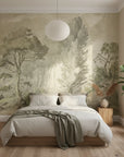 Forest Stream vintage botanical wallpaper mural featuring sage green trees in tranquil bedroom setting