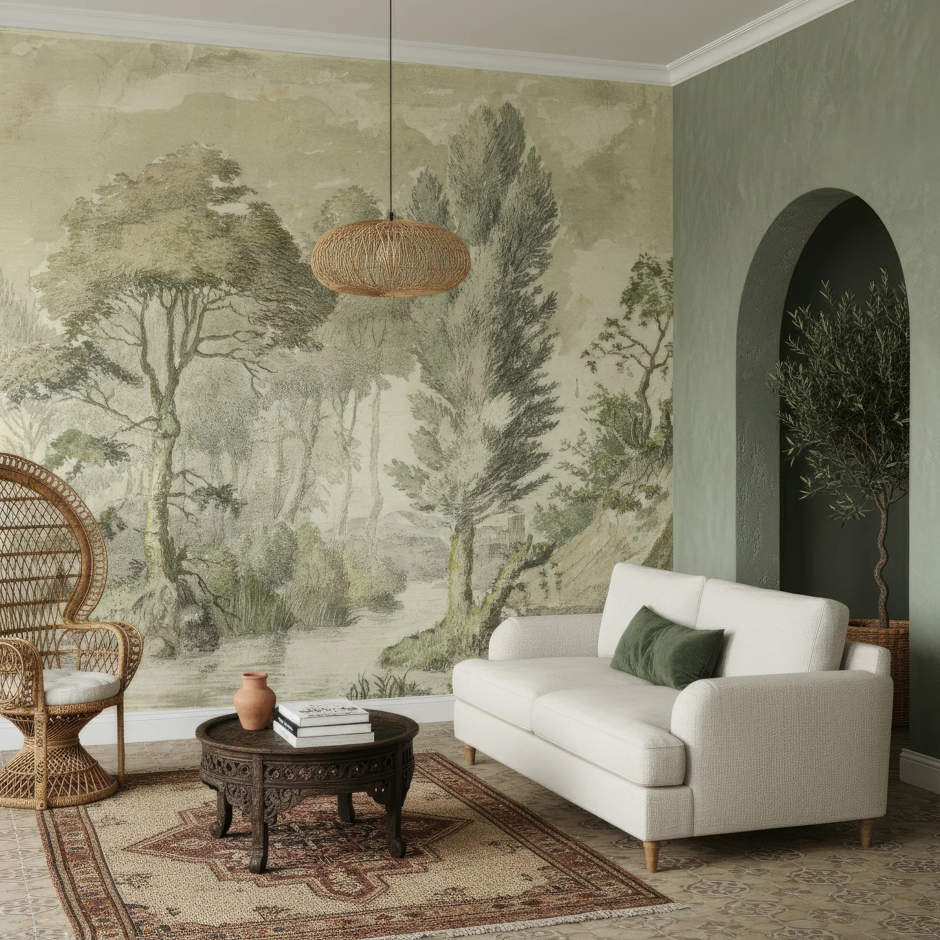 Vintage forest landscape mural wallpaper featuring sepia trees and pathway in classic living room