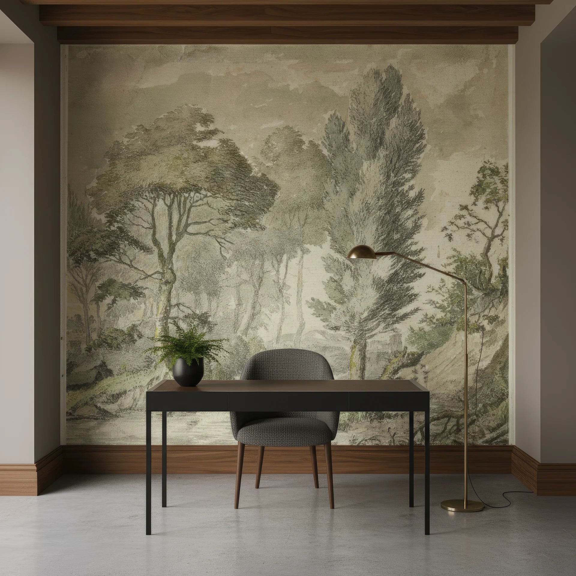 Vintage Forest Stream mural wallpaper featuring sepia-toned trees in classical landscape style office setting