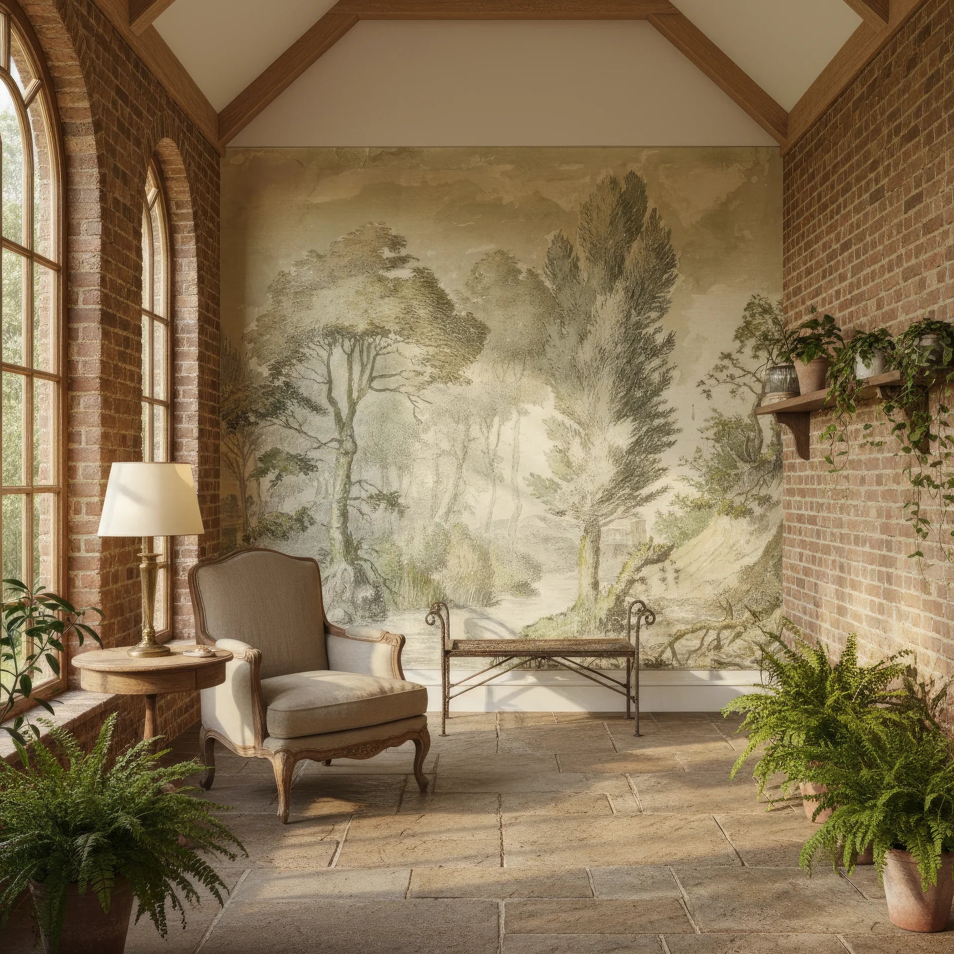 Sage green Forest Stream wallpaper mural with vintage trees in sunlit conservatory with exposed brick walls