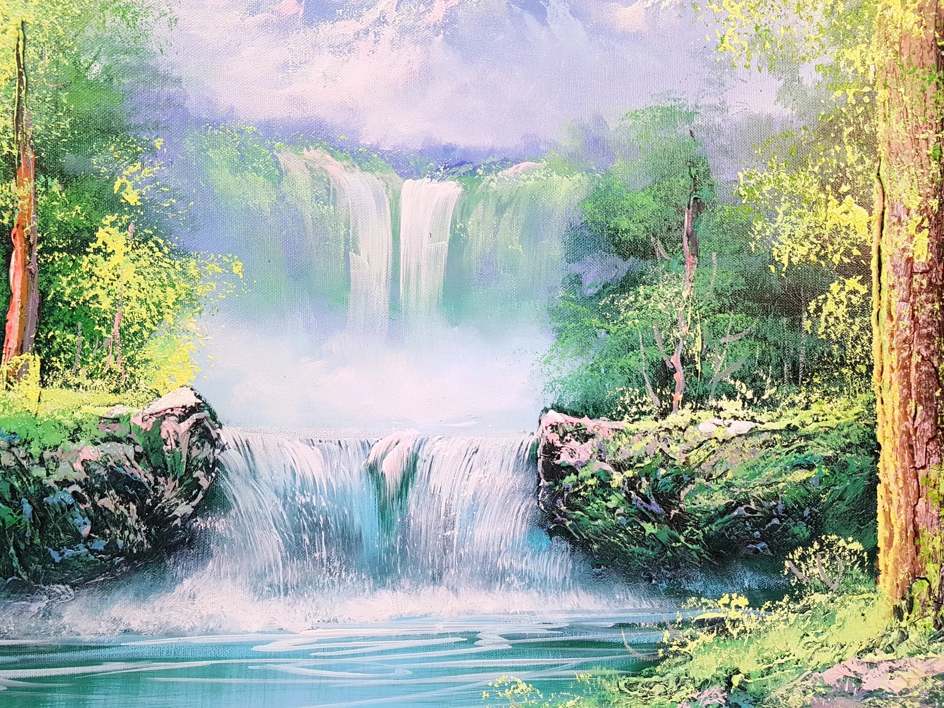 Forest Veil lush green waterfall landscape wallpaper creating ambiance in a serene bathroom