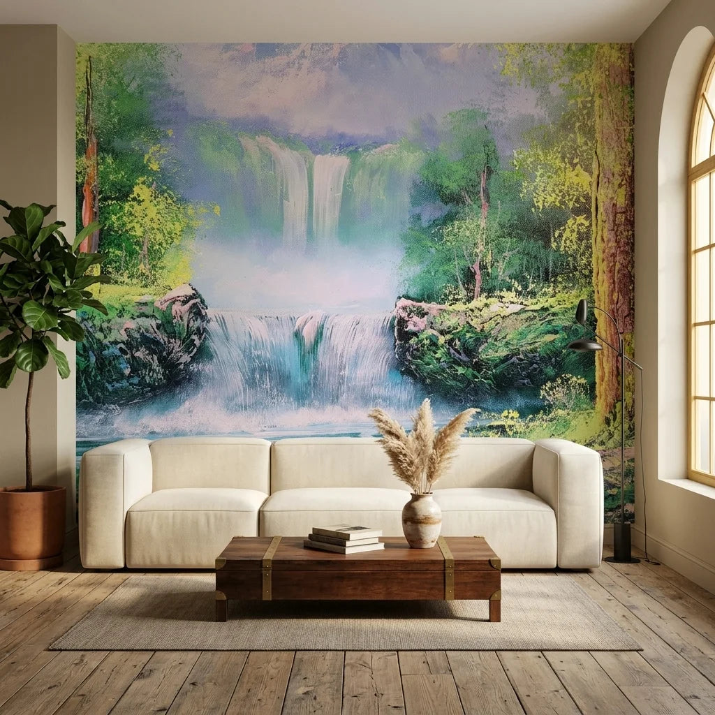 Smooth lush green waterfall forest landscape peel and stick wallpaper - Forest Veil