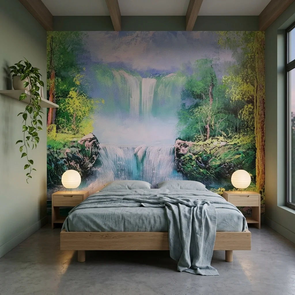 Forest Veil lush green waterfall landscape wallpaper in a warm and inviting living room