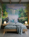 Forest Veil lush green waterfall landscape wallpaper in a warm and inviting living room