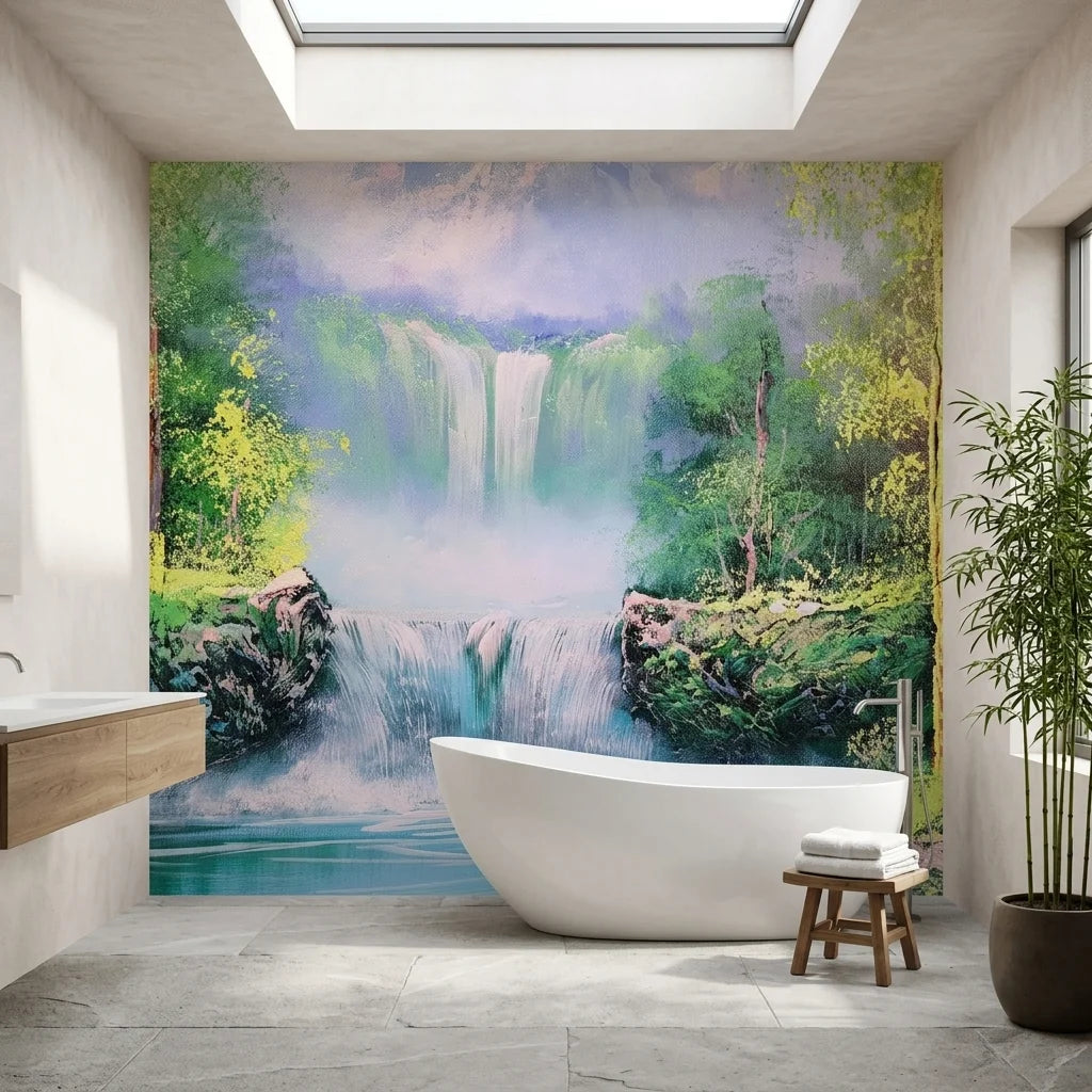 Forest Veil lush green waterfall landscape wallpaper adding character to a cozy bedroom