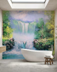 Forest Veil lush green waterfall landscape wallpaper adding character to a cozy bedroom