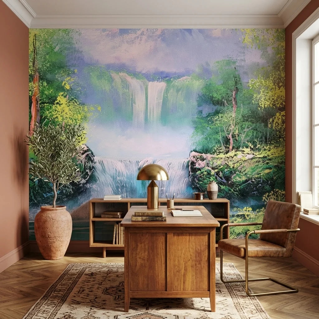 Forest Veil lush green waterfall landscape wallpaper as a feature wall in a bright home office