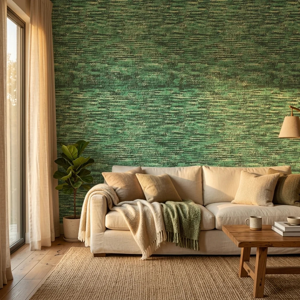 Forest Weave organic green abstract wallpaper in a warm and inviting living room