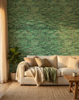 Forest Weave organic green abstract wallpaper in a warm and inviting living room