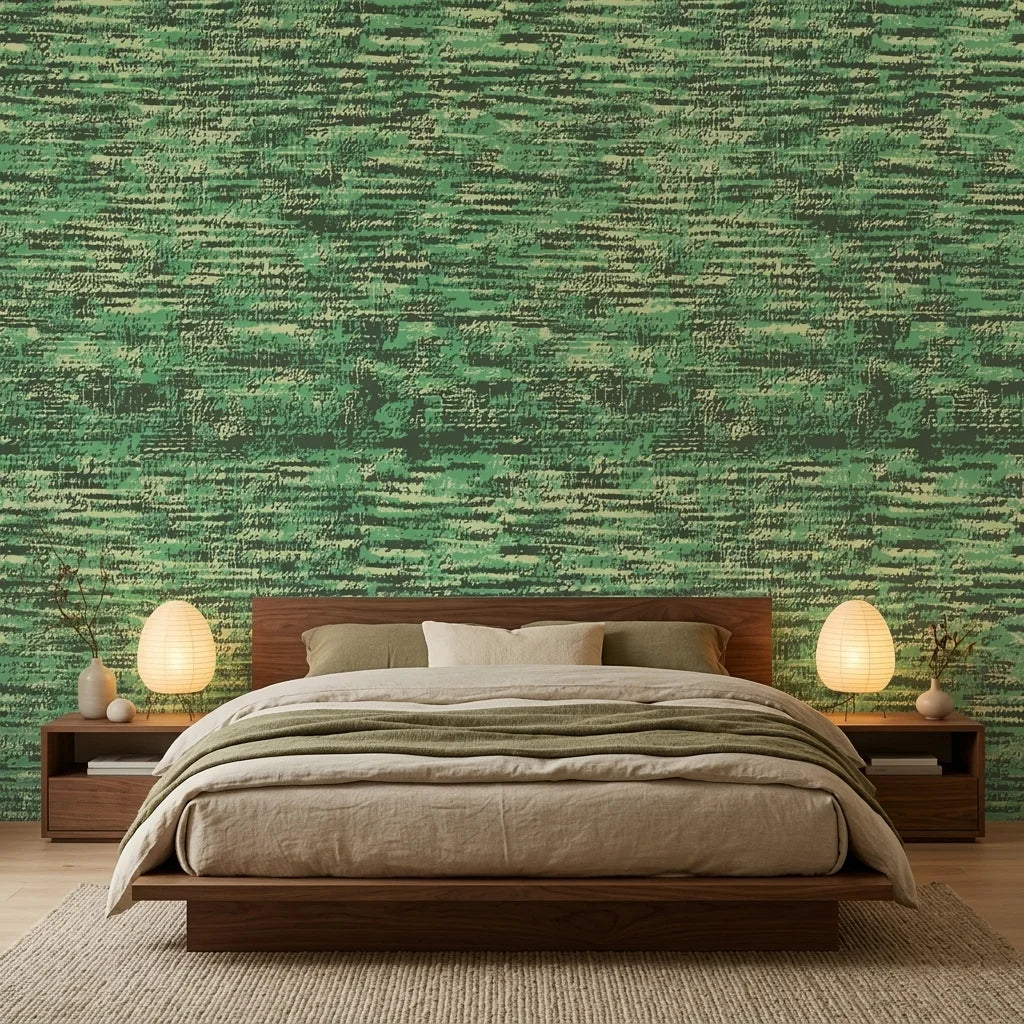Forest Weave organic green abstract wallpaper adding character to a cozy bedroom