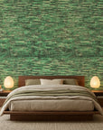 Forest Weave organic green abstract wallpaper adding character to a cozy bedroom
