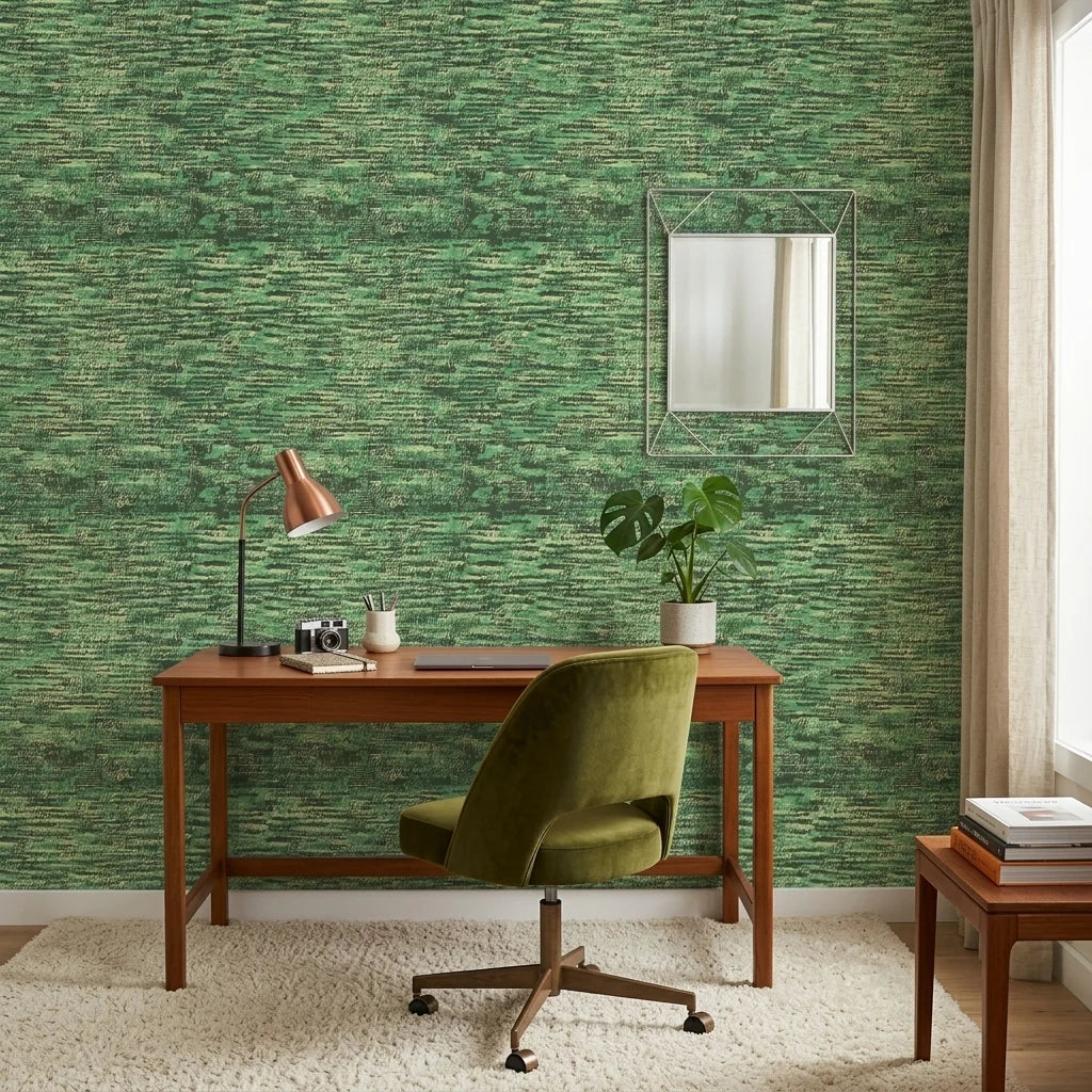 Forest Weave organic green abstract wallpaper as a feature wall in a bright home office
