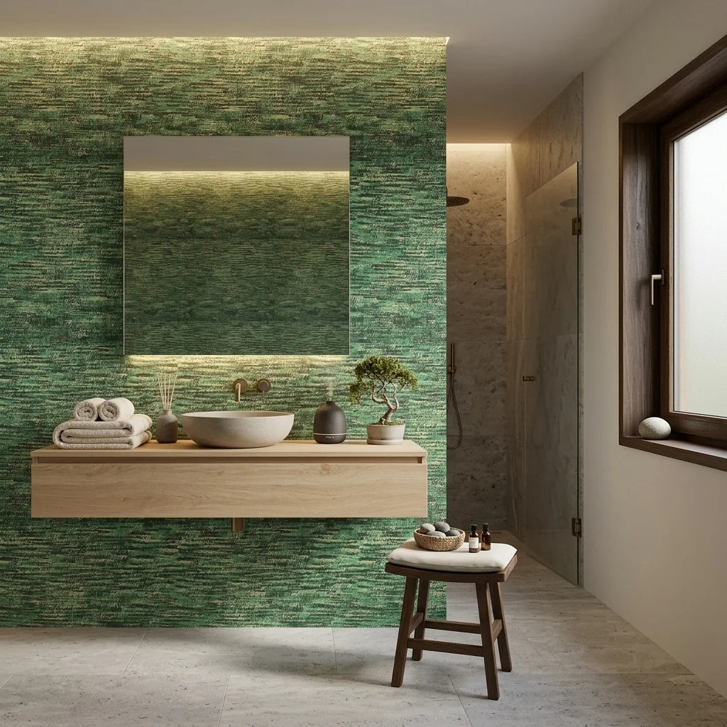 Forest Weave organic green abstract wallpaper creating ambiance in a serene bathroom