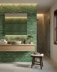 Forest Weave organic green abstract wallpaper creating ambiance in a serene bathroom