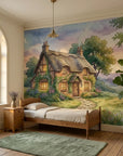 Watercolor Foxglove Cottage mural wallpaper featuring thatched roof home with garden in twilight bedroom setting
