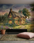 Foxglove Cottage mural wallpaper showing illuminated thatched cottage with garden in twilight setting