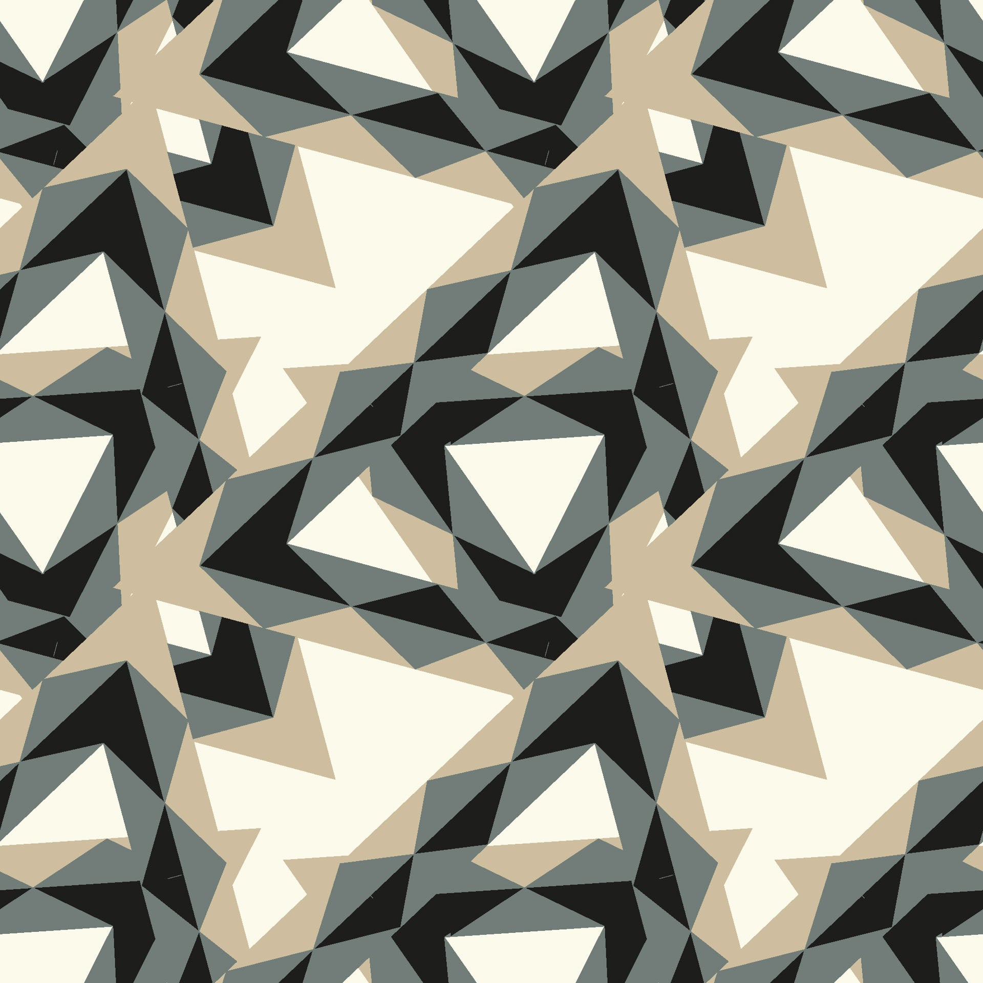 Self-adhesive removable wall covering featuring a contemporary geometric triangle pattern in beige and gray (Fractured Light design)