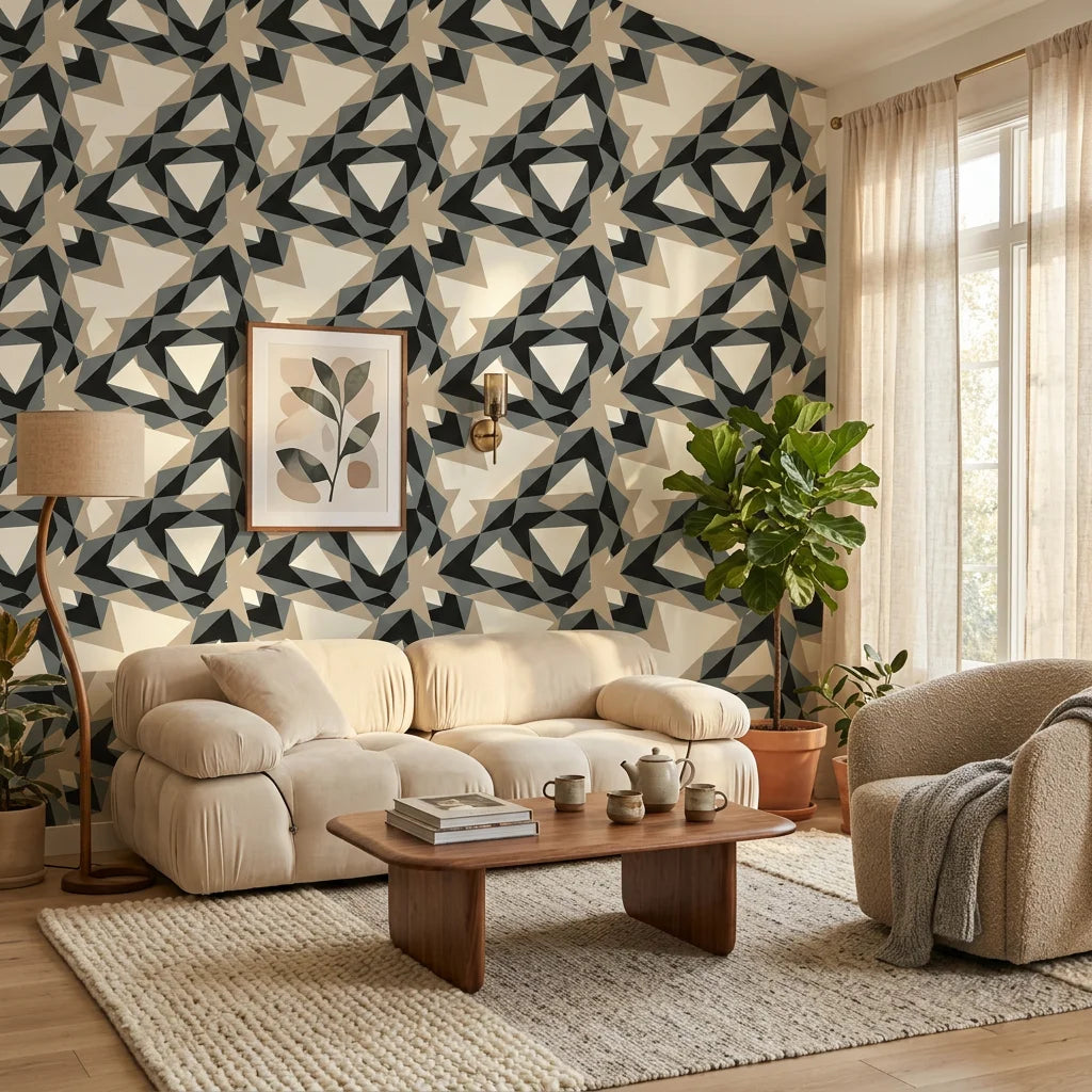 Fractured Light black and grey geometric shard wallpaper in a warm and inviting living room