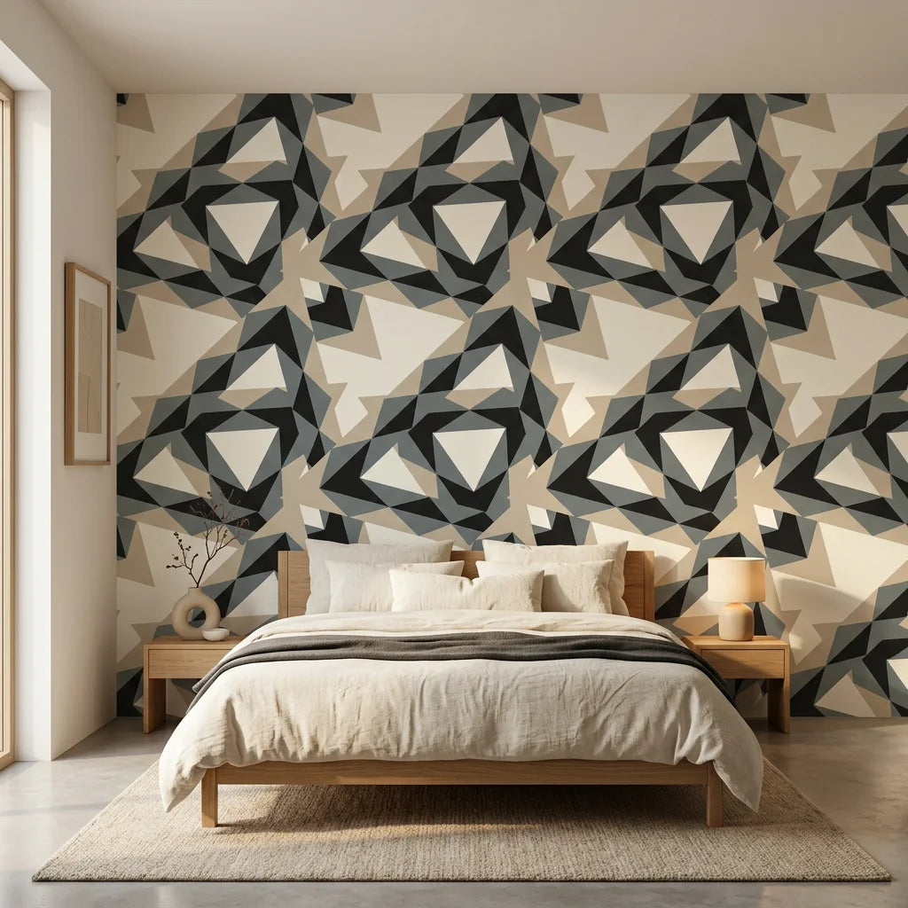 Fractured Light black and grey geometric shard wallpaper adding character to a cozy bedroom