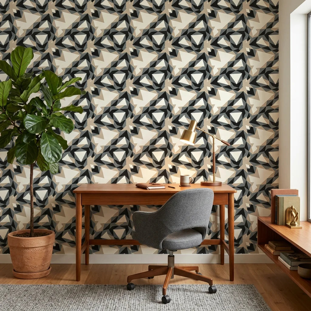 Fractured Light black and grey geometric shard wallpaper as a feature wall in a bright home office
