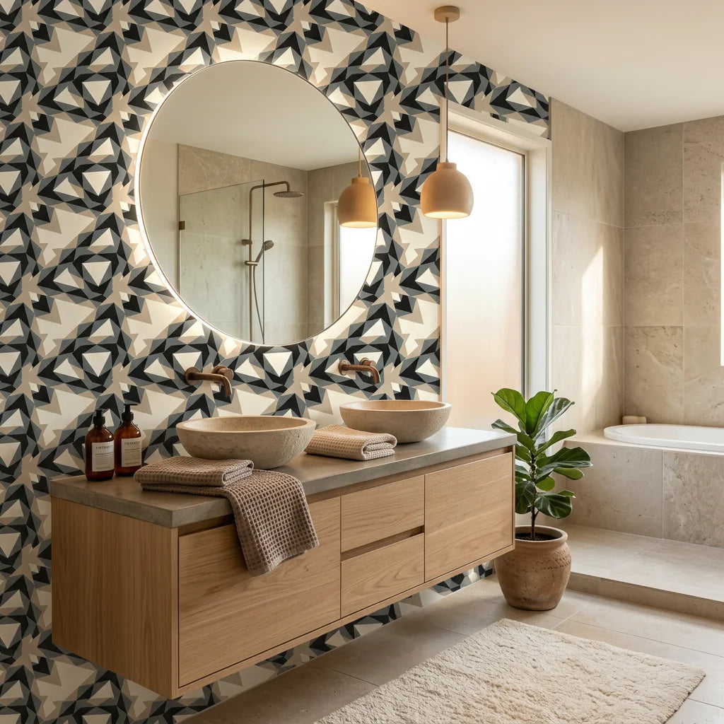 Fractured Light black and grey geometric shard wallpaper creating ambiance in a serene bathroom