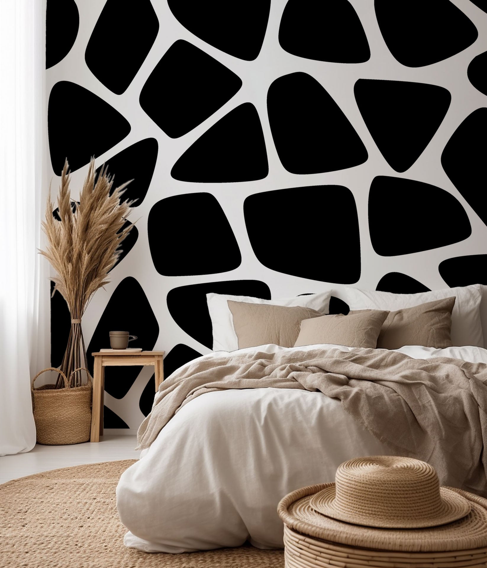 Monochrome self-adhesive wallpaper featuring an abstract design of irregular spots, titled Fractured Night