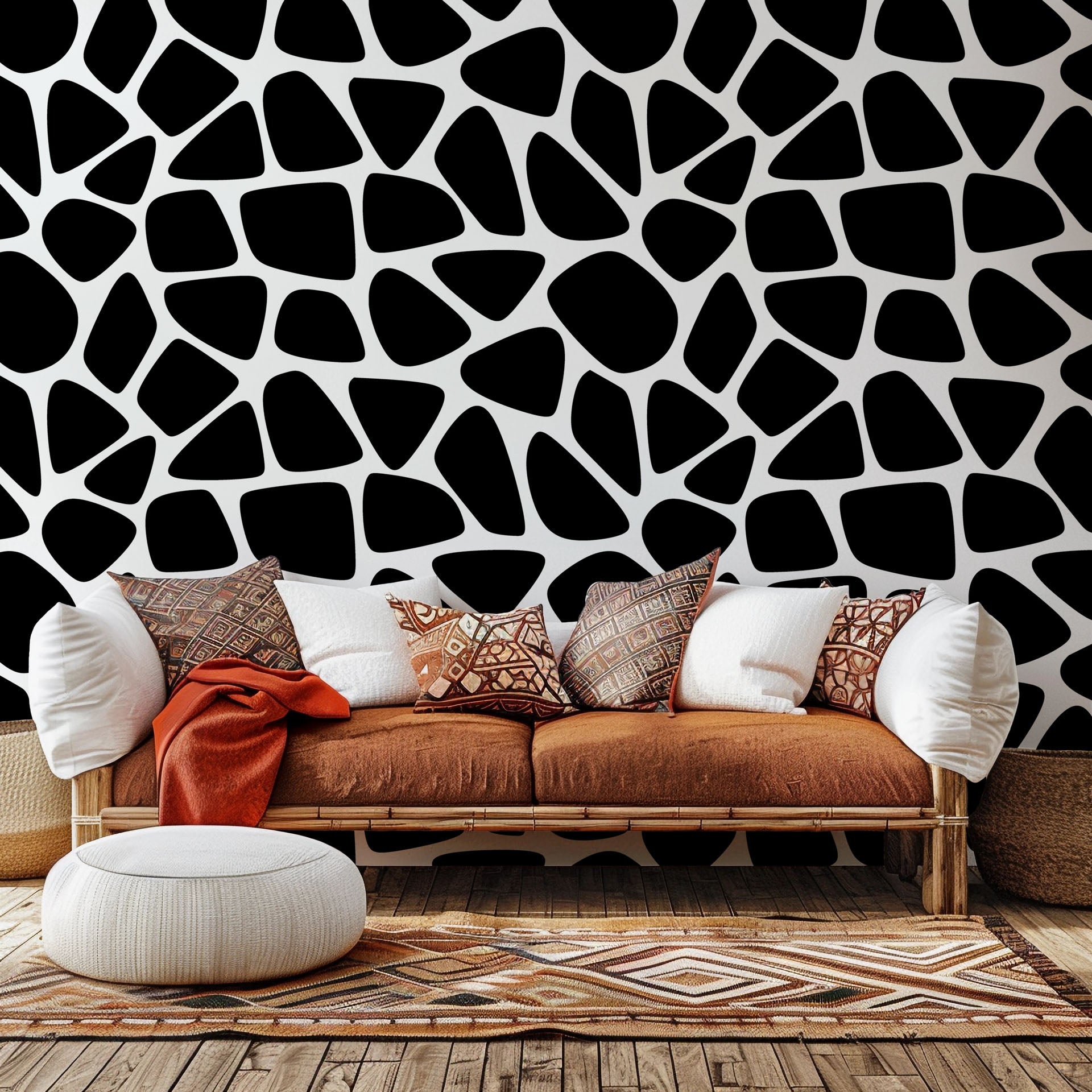 Self-adhesive black and white wallpaper featuring an abstract, irregular spot design (Fractured Night)