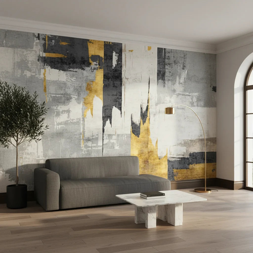 Fractured Gold charcoal and gold abstract in a warm and inviting living room