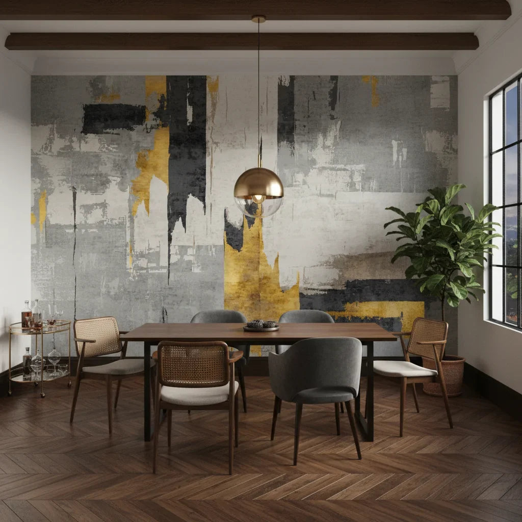 Fractured Gold charcoal and gold abstract adding character to a cozy bedroom
