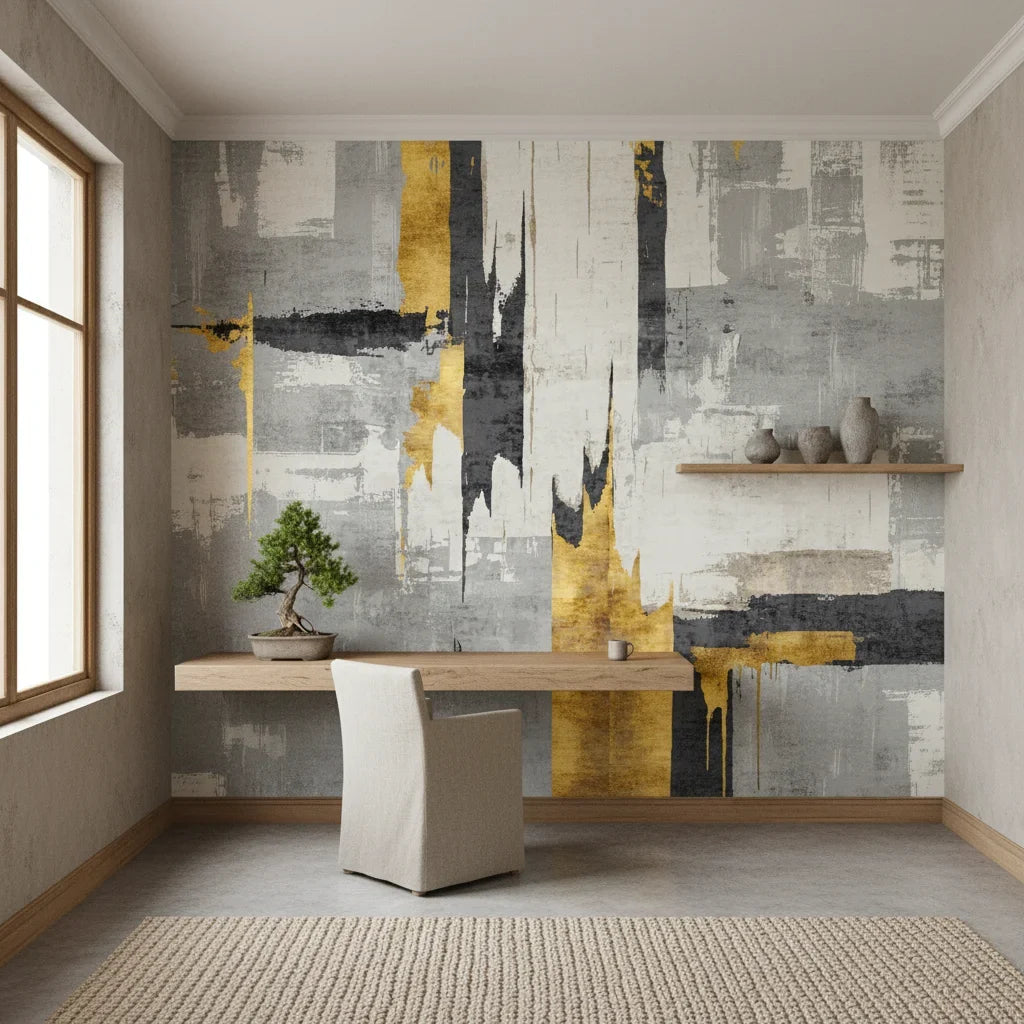 Fractured Gold charcoal and gold abstract as a feature wall in a bright home office
