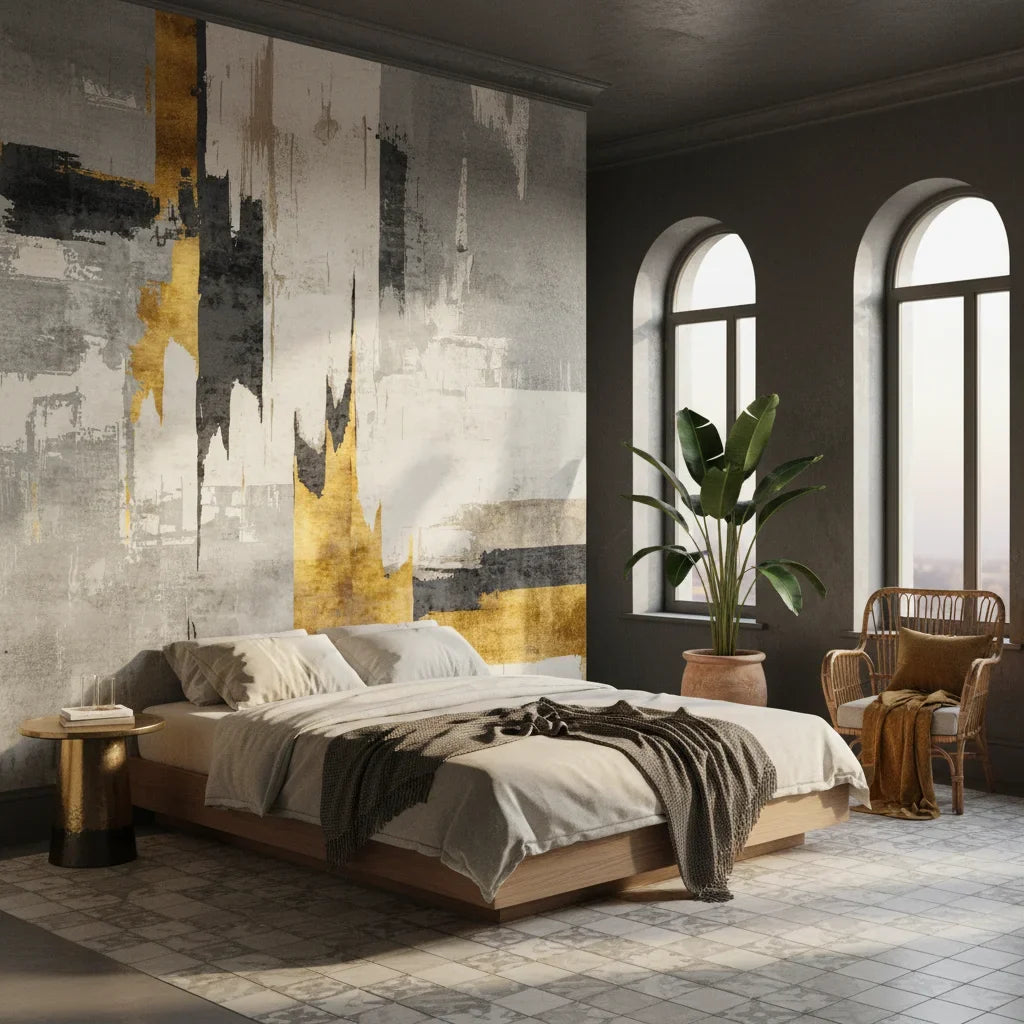 Fractured Gold charcoal and gold abstract creating ambiance in a serene bathroom