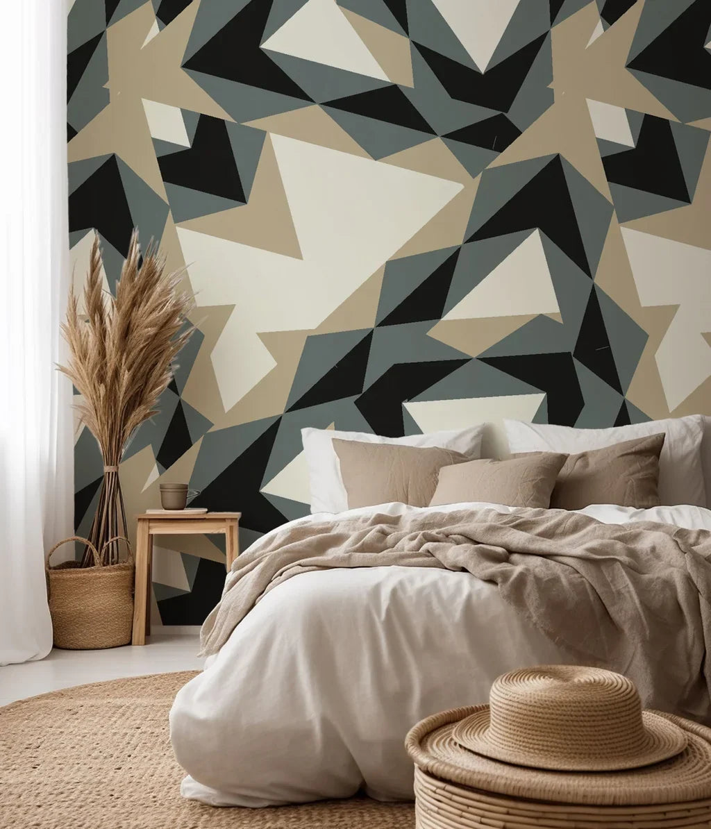 Peel-and-stick wallpaper featuring a contemporary pattern of grey and beige geometric triangles, named Fractured Light