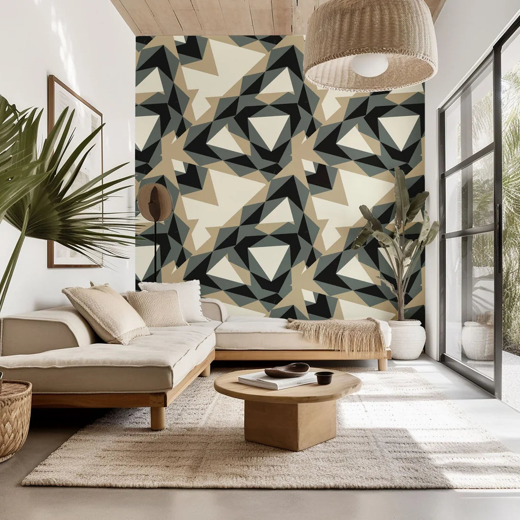 Contemporary geometric triangle peel and stick wall covering in a grey and beige color scheme (Fractured Light)